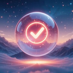 Cybersecurity awareness best practice concepts. A glowing checkmark symbol is encased in a transparent orb, floating above a misty mountain landscape at twilight with a starry sky backdrop.