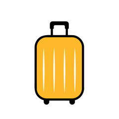 yellow suitcase icon, luggage with handle, wheels for travel, business trips or summer holidays, black outline vector illustration