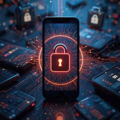 Cybersecurity awareness best practice concepts. A smartphone displaying a glowing red padlock, symbolizing cybersecurity and data protection, surrounded by digital devices and circuitry.