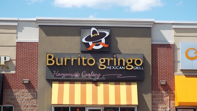 Nepean, ON, Canada-June 19,2025: The storefront of a "Burrito Gringo" Mexican restaurant at 1715 Merivale Road.
