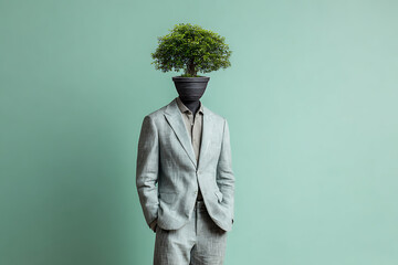 A person in a suit with a tree in a pot on their head against a light green colored background wall