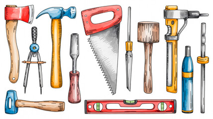 A detailed watercolor illustration of various woodworking tools arranged on a white background