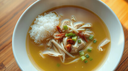 A close-up shot of a bowl of delicious chicken and rice soup with various garnishes