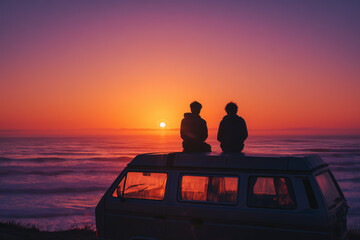Two people sit atop a camper van overlooking the ocean at sunset, silhouetted against a glowing orange and purple sky.