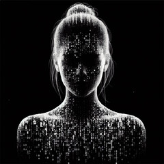 A black and white silhouette of a woman's avatar assembled from streams of digital information in the form of a programming language in a virtual space. Vector graphics. EPS.