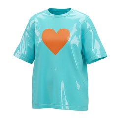 Light Blue 3D T-Shirt with Shiny Finish and Large Orange Heart on Front
