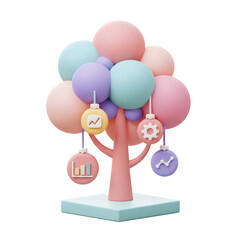 Data Analytics Concept Tree with Colorful Ornaments Representing Graphs and Gears on Pastel Branches