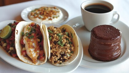 Tacos And Coffee With Dessert On A Plate
