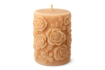 Beige candle with carved roses and leaves, isolated on a transparent background, creating a romantic and elegant atmosphere