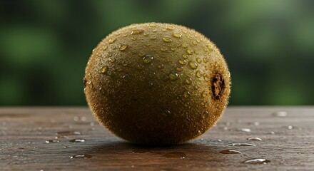 Close-up of a Kiwi Fruit with Water Droplets on Wooden Surface