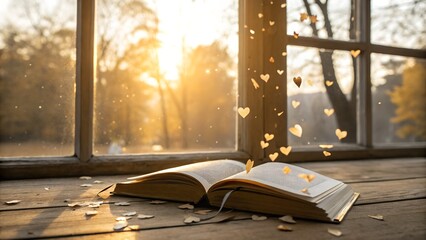 Serene open book with flying hearts on a windowsill at sunset