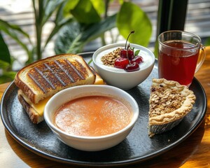 Grilled Cheese Sandwich, Soup, Yogurt, Pie And Tea Breakfast