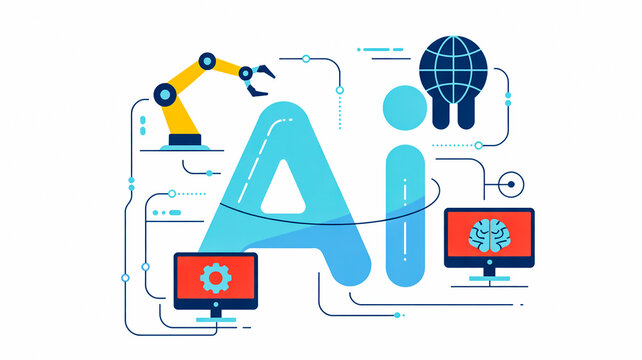A flat design illustration of the text AI in light blue, surrounded by various technological and AI-related icons and symbols.