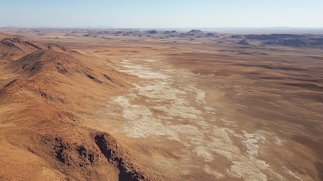 Aerial view of a vast, arid desert landscape with mountains