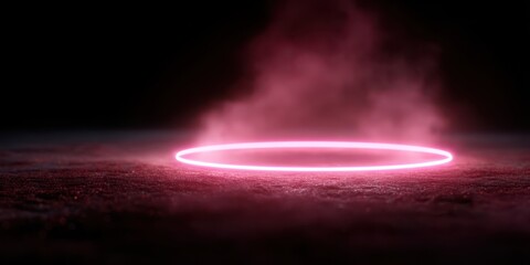 Glowing neon pink ring frame with smoke on dark background creates a sci-fi atmosphere