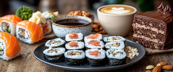 Assortment Of Sushi, Cake And Coffee On Wooden Table