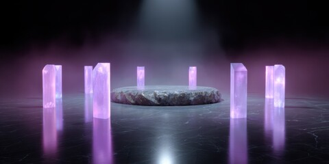 Futuristic ritual chamber featuring glowing monoliths and hovering glass runes in a neon mist