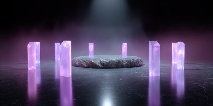 Futuristic ritual chamber featuring glowing monoliths and hovering glass runes in a neon mist