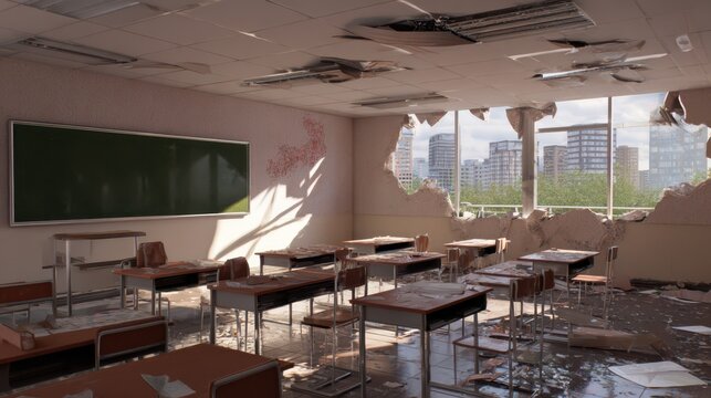 Abandoned classroom with broken windows, damaged ceiling, and scattered debris overlooking a modern city skyline. Symbol of disrupted education, war impact, and post-crisis desolation in a school - Powered by Adobe