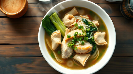 A delicious bowl of soup filled with dumplings, green onions, noodles and vegetables.