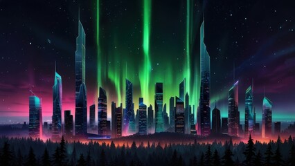 Cyberpunk Neon Twilight City Glowing Skyscrapers and Surrounding Forest
