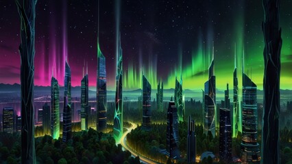 Futuristic City Skyline with Neon Twilight and Massive Digital Skyscrapers
