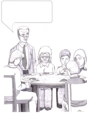 Drawing of Family at Dinner with Father Standing Under a Speech Bubble
