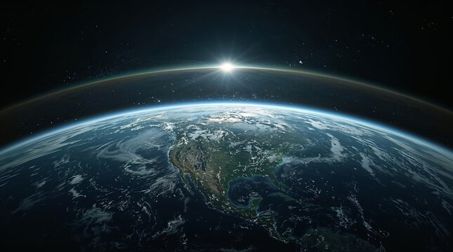 cinematic space image showing the curvature of half of the Earth during Day 2 of Creation Genesis 1:6-8. The planet is entirely covered by deep, endless ocean no land, no vegetation, no mountains