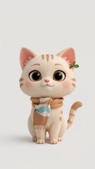 Vertical banner for social media of Cute 3D cartoon cat character, minimal style, calm color palette, tea lover, wearing a small scarf, cozy atmosphere, cream colored fur, wearing a small leaf hairpin