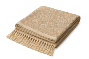 Soft beige blanket folding elegantly, revealing delicate tassels and intricate weaving against transparent background