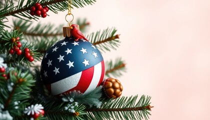 Festive patriotic christmas ornament with american flag design and red bird