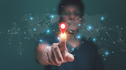 Smart navigation and location tracking technology. Businessman point for location on the world map...