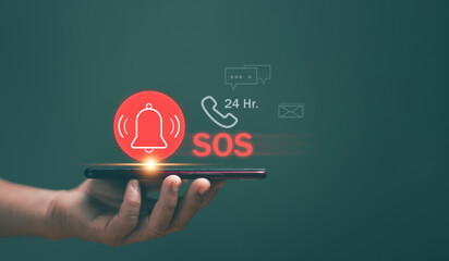 Emergency signal requesting help call concept. Human use SOS emergency app on mobile phone and call...