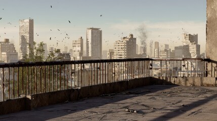 Obraz premium View of a damaged city skyline from an abandoned balcony with scattered debris and smoke rising in the distance. Urban decay and post-conflict atmosphere. War-torn environment and destruction concept