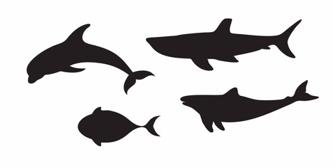 Silhouette of marine life vector art featuring dolphin shark and fish ocean animals swimming together design