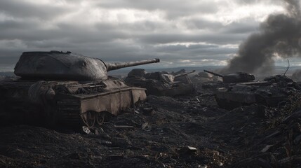 Obraz premium Burned and abandoned tanks scattered across a war-torn battlefield under a dark, cloudy sky. Scene of destruction, defeat, and aftermath of intense military conflict. War ruins and devastation