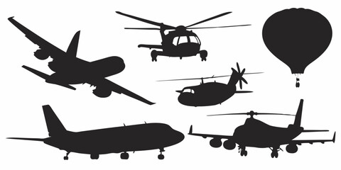 Explore aviation silhouettes a collection of aircraft helicopter and hot air balloon vector graphics set design