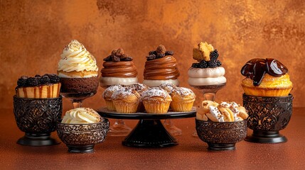 Assorted pastries and desserts arranged on a brown textured surface