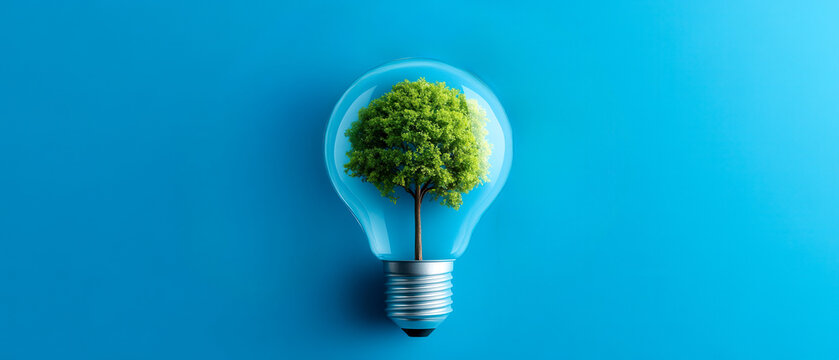 A green tree growing inside a clear light bulb against a blue background symbolizing eco-friendly energy and sustainability. - Powered by Adobe