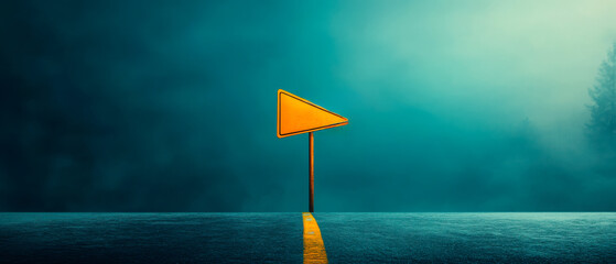 A vibrant yellow triangular sign stands alone on a misty road, with a yellow dividing line leading towards it, evoking mystery and solitude.