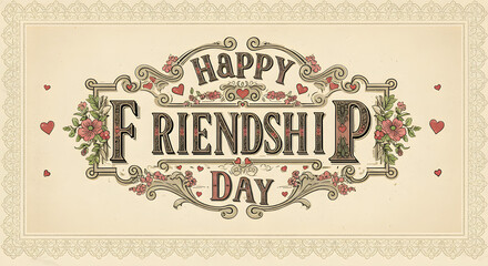Vintage Happy Friendship Day Card Design Celebrate Friendships with Elegant Typography and Floral Elements