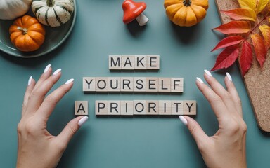 Woman arranging tiles to spell 'Make Yourself a Priority'.