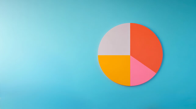 A colorful pie chart with four segments in orange, pink, yellow, and light gray on a blue background.