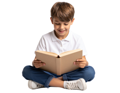 Young boy reading book flat style isolated on transparent background PNG  - Powered by Adobe
