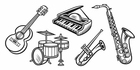 Musical instruments vector illustration featuring guitar piano drums trumpet and saxophone for music lovers
