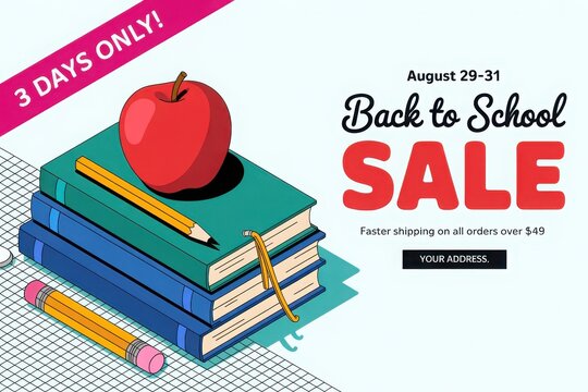 Back to school sale with books and an apple.