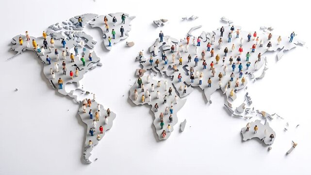 Miniature figures representing the global population on a world map