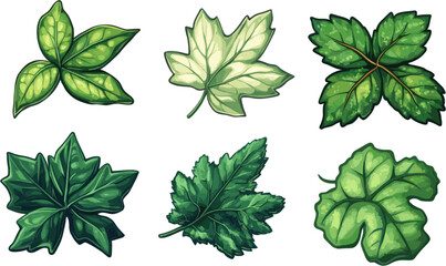 Set of spring green leaves. Illustrations in pixel art style for card decoration