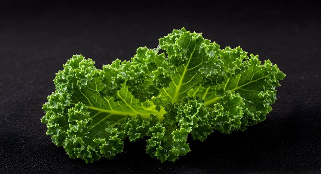 Fresh Curly Kale Leaf with Water Droplets on a Dark Background
