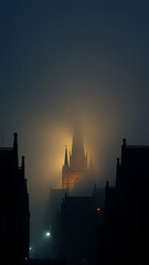 Naklejka premium Dark Gothic City at Night with Fog and Towering Structures vertical